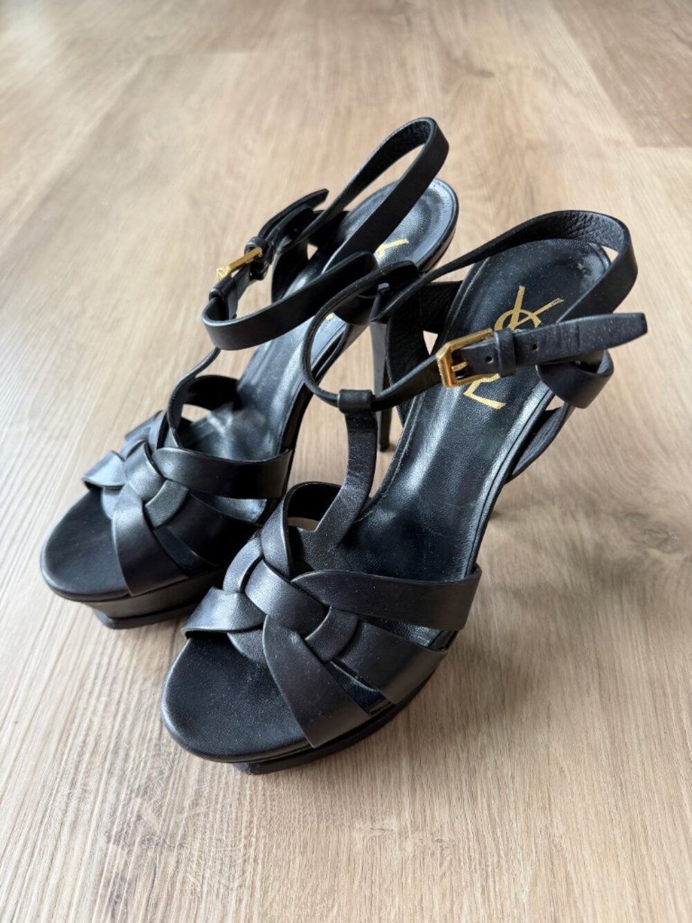 Yves Saint Laurent Black Leather Knot Strappy Platform Heels with Gold Buckle